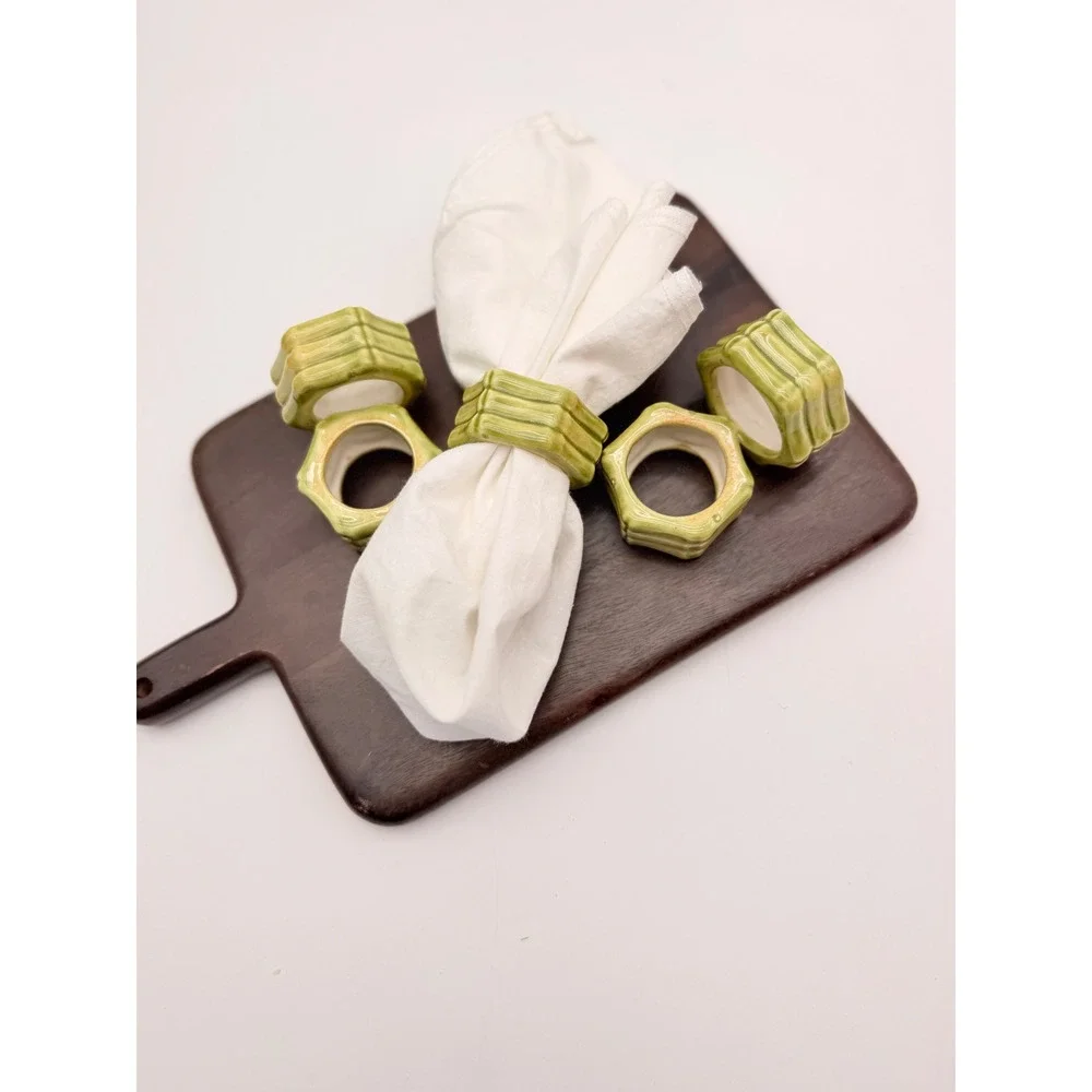 Vintage Green Faux Bamboo Ceramic Napkin Rings Set  5 Hexagon Chinoiserie Glazed